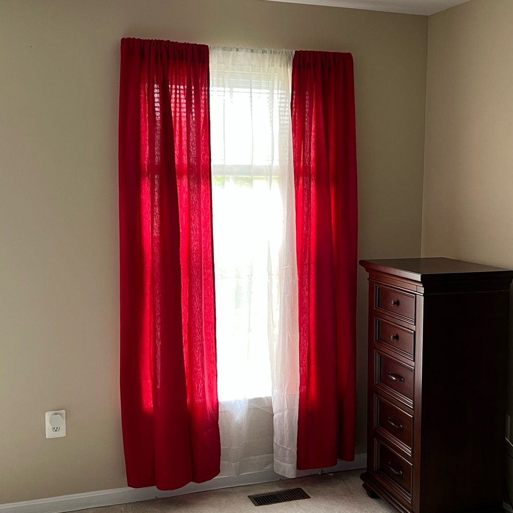 Gently used Pottery Barn Kids Red Window Panels (84x44) & 26” euro pillow sham